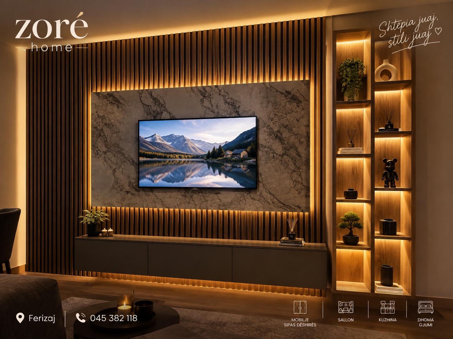 Zoré Home media wall with integrated shelving and warm lighting