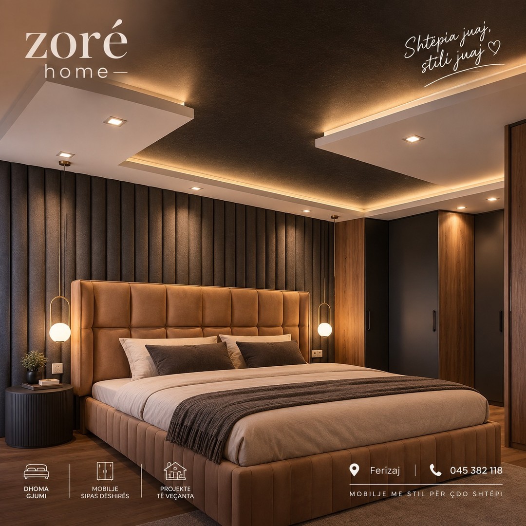 Bedroom design with a warm upholstered headboard and integrated lighting