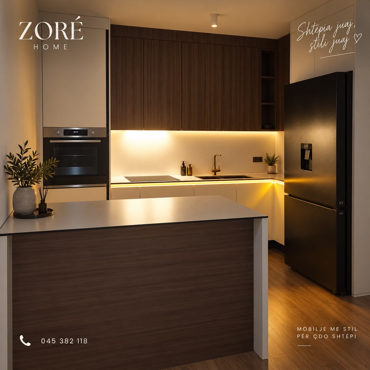 Warm wood kitchen with pale surfaces